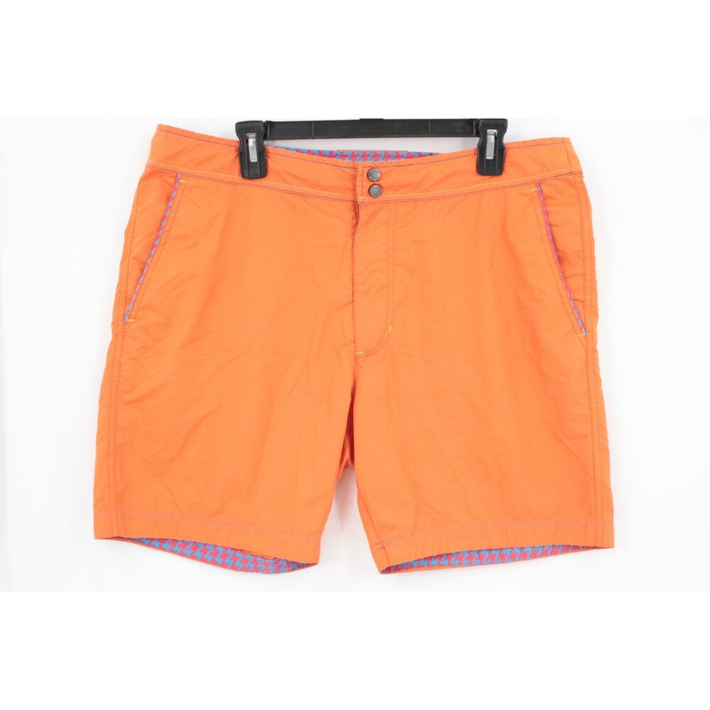 Robert Graham Swim Trunks Men 36 Orange Classic Fit Quick Dry Houndstooth Shorts